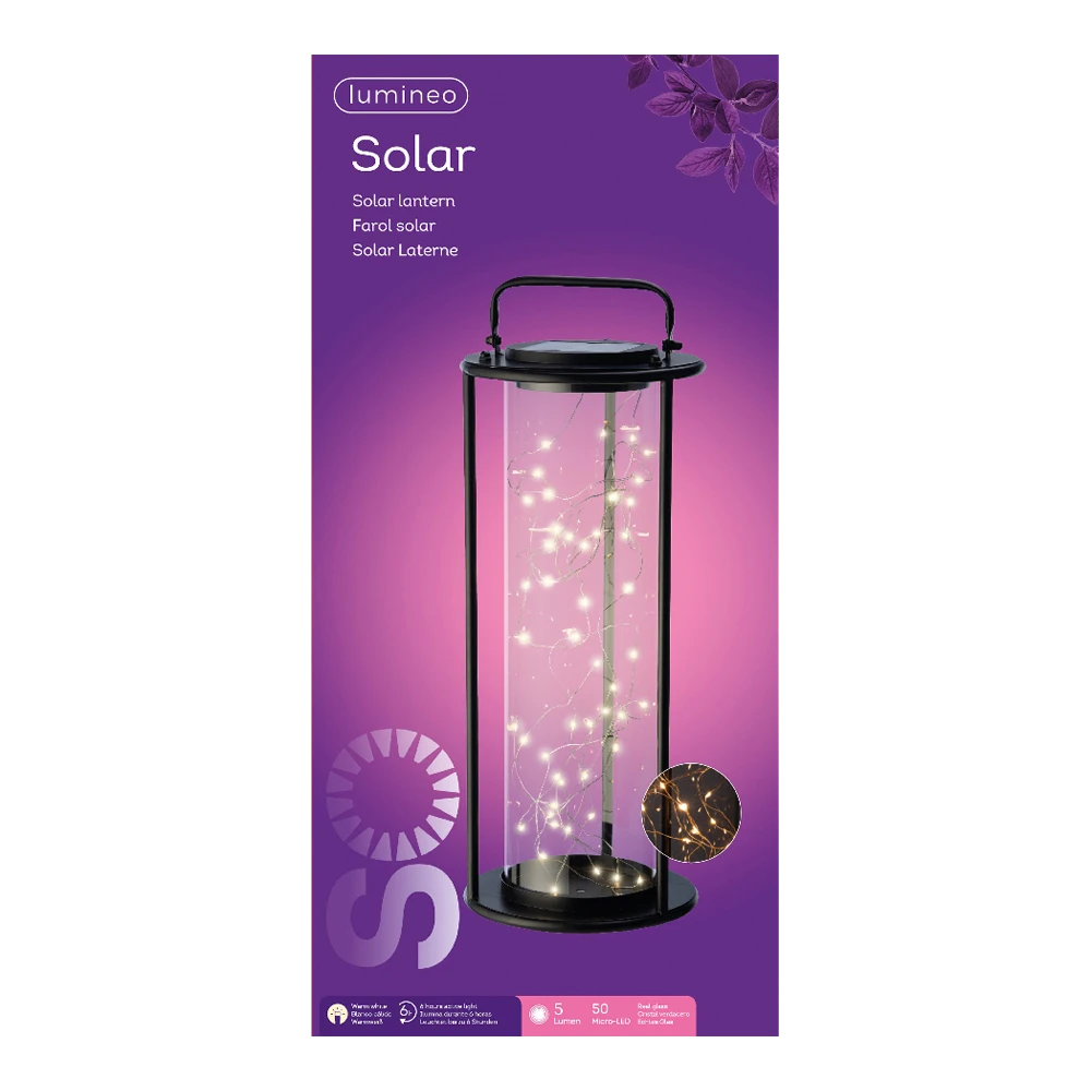 Lumineo Solar Lantaarn - LED - D20 X H49cm - Zwart 1 Lumineo Solar Lantaarn - LED - D20 X H49cm - Zwart